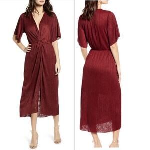 All in Favor Dolman Plisse Textured Short Sleeve Burgundy Midi Dress Medium